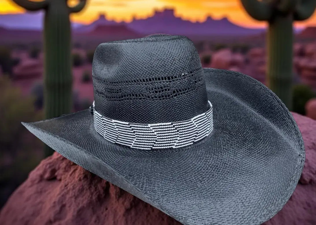 Black white beaded optical illusion , cowboy hat band, sun  display picture 1