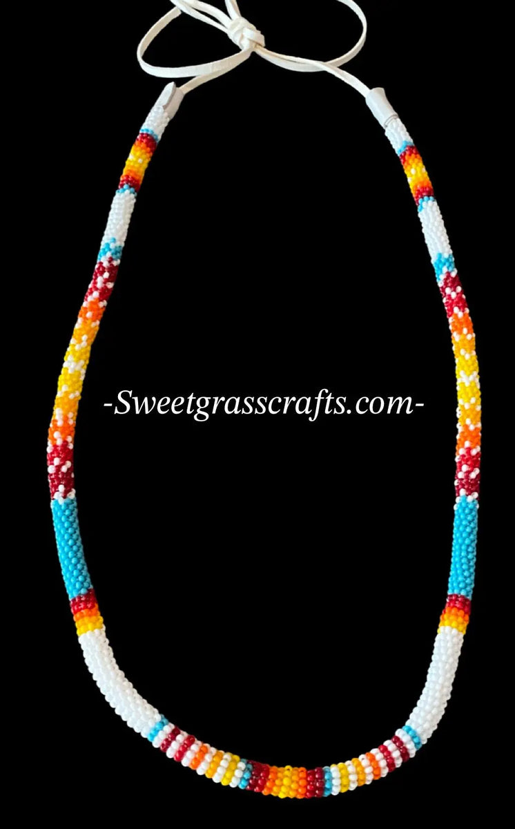 Handmade Beaded Cowboy Hatband | Native Style Blue Multi-Color Beadwork | 41"