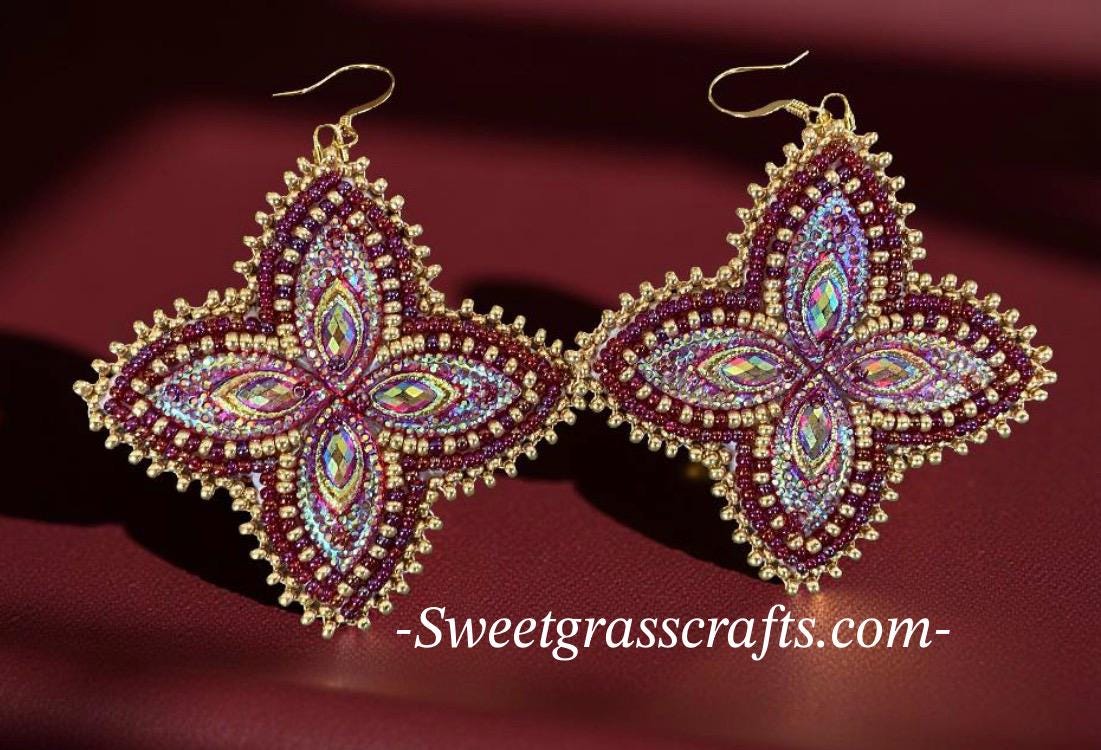 Native American beaded red flower earrings, beaded red  display picture 2