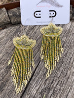 Chartreuse fringe beaded earrings, Native American beaded earrings, Indigenous beadwork, beaded Mardi Gras earrings
