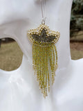 Chartreuse fringe beaded earrings, Native American beaded earrings, Indigenous beadwork, beaded Mardi Gras earrings