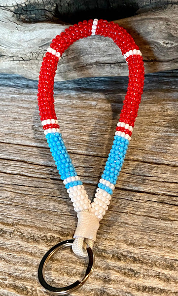Red key chain, 5” wristlet beaded keychain, Beaded red & turquoise blue wristlet, beaded key fob, Native Beadwork, wristlet