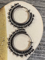 1” hematite & silver beaded clip on hoop earrings, black clip on hoop earrings