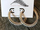 2" gold & white beaded hoop earrings