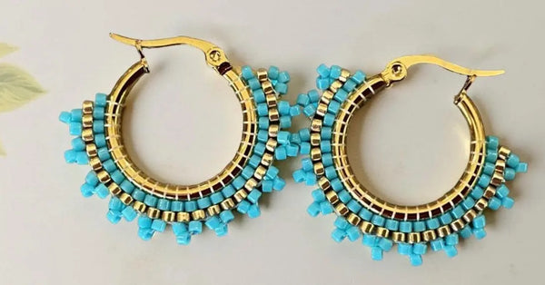 1” gold & turquoise bluebeaded hoop earrings, blue beaded hoop earrings, Native beaded earrings, summer earring, Sweetgrass Crafts