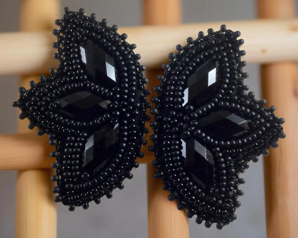 Native American beaded black earrings, black beaded earrings, butterfly earrings, unique beaded earrings, black flower earrings Sweetgrass Crafts