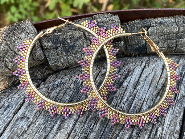 2 1/4” Gold & burgundy beaded hoop earring