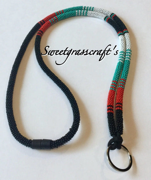 Black turquoise red white beaded safety lanyard, breakaway badge lanyard, ID holder, cruise essential