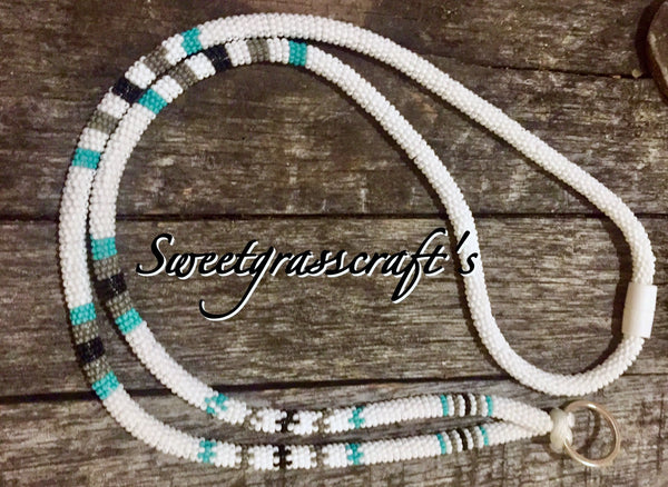 White, teal & black beaded safety lanyard, breakaway lanyard, Badge holder, long keychain, ID holder, cruise essential