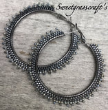 Hematite & black spiked 2 1/2’ hoop earrings, ;are black hoop earrings