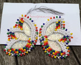 Native American white beaded earrings, crayon earrings, flower earrings, Indigenous regalia, colorful earrings