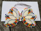 Native American white beaded earrings, crayon earrings, flower earrings, Indigenous regalia, colorful earrings