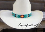 Beaded Turquoise Cowboy Hat Band, Native American Beaded Feather Cowboy Hat band, Western Hat Band, Rodeo fashion, Beaded Hat Band
