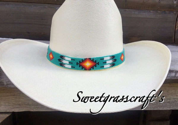 Beaded Turquoise Cowboy Hat Band, Native American Beaded Feather Cowboy Hat band, Western Hat Band, Rodeo fashion, Beaded Hat Band