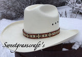 Beaded brown western cross hat band, Brown & cream Navajo cross hatband, southwestern beaded hatband