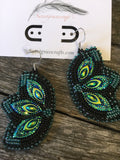 Hypoallergenic Native American Beaded Black Earrings, Indigenous beadwork, beaded matte black & teal earrings, teal earrings, unique earring