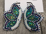 Mardi Gras earrings, Native American Beaded Earrings, native beadwork, white beaded earrings, blue earrings, peacock earrings