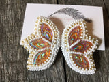 Yellow beaded earrings, Indigenous beaded orange butterfly earrings, white earrings Powwow earrings