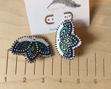 Mardi Gras earrings, Native American Beaded Earrings, native beadwork, white beaded earrings, blue earrings, peacock earrings