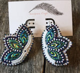 Mardi Gras earrings, Native American Beaded Earrings, native beadwork, white beaded earrings, blue earrings, peacock earrings