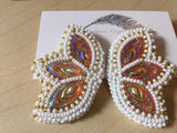 Yellow beaded earrings, Indigenous beaded orange butterfly earrings, white earrings Powwow earrings