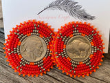 Buffalo nickel coin earrings, beaded Indian head nickel earrings, beaded Native American earrings, Indigenous earrings