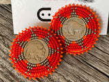 Buffalo nickel coin earrings, beaded Indian head nickel earrings, beaded Native American earrings, Indigenous earrings