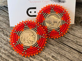 Buffalo nickel coin earrings, beaded Indian head nickel earrings, beaded Native American earrings, Indigenous earrings