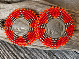 Buffalo nickel coin earrings, beaded Indian head nickel earrings, beaded Native American earrings, Indigenous earrings