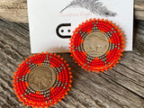 Buffalo nickel coin earrings, beaded Indian head nickel earrings, beaded Native American earrings, Indigenous earrings