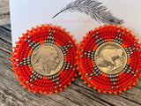 Buffalo nickel coin earrings, beaded Indian head nickel earrings, beaded Native American earrings, Indigenous earrings