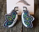 Mardi Gras earrings, Native American Beaded Earrings, native beadwork, white beaded earrings, blue earrings, peacock earrings