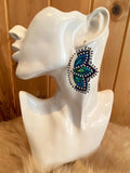 Mardi Gras earrings, Native American Beaded Earrings, native beadwork, white beaded earrings, blue earrings, peacock earrings