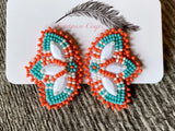 Native American Beaded Earrings, turquoise & coral, butterfly earrings, flower earrings, regalia, turquoise beaded earrings,