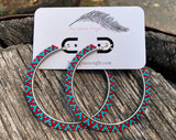 3 inch beaded turquoise & red hoop earrings