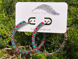 3 inch beaded turquoise & red hoop earrings