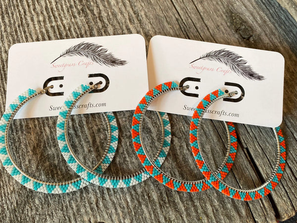 Large turquoise beaded hoop earrings, beaded hoop earrings, Indigenous earrings, turquoise earrings, statement earrings, 3” hoops