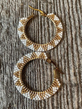 1 1/2” inch gold & white beaded hoop earrings, gold hoop earrings, summer earrings, white hoops, light earrings