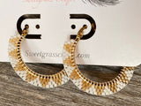 1 1/2” inch gold & white beaded hoop earrings, gold hoop earrings, summer earrings, white hoops, light earrings