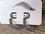 1 1/2” inch turquoise & red beaded hoop earrings, hoop earrings, summer earrings, turquoise hoops, light earrings