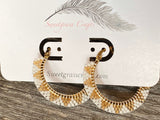 1 1/2” inch gold & white beaded hoop earrings, gold hoop earrings, summer earrings, white hoops, light earrings