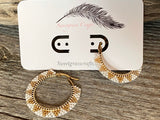1 1/2” inch gold & white beaded hoop earrings, gold hoop earrings, summer earrings, white hoops, light earrings