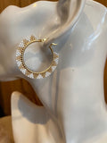 1 1/2” inch gold & white beaded hoop earrings, gold hoop earrings, summer earrings, white hoops, light earrings