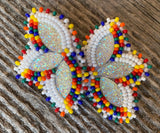 Native American white beaded earrings, crayon earrings, flower earrings, Indigenous regalia, colorful earrings