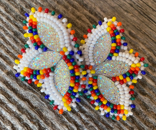 Native American white beaded earrings, crayon earrings, flower earrings, Indigenous regalia, colorful earrings