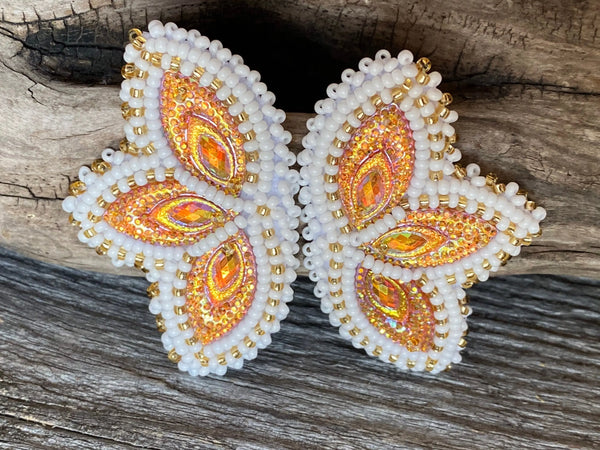 Yellow beaded earrings, Indigenous beaded orange butterfly earrings, white earrings Powwow earrings