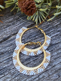 1 1/2” inch gold & white beaded hoop earrings, gold hoop earrings, summer earrings, white hoops, light earrings
