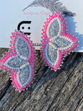 Beaded hot pink earrings, butterfly earrings, flower earrings, neon pink beaded earrings, neon powwow earrings