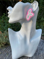 Beaded hot pink earrings, butterfly earrings, flower earrings, neon pink beaded earrings, neon powwow earrings