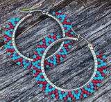 1 1/2” inch turquoise & red beaded hoop earrings, hoop earrings, summer earrings, turquoise hoops, light earrings